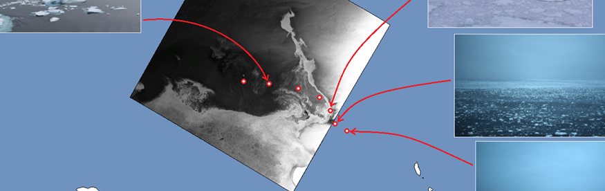 Auf diesem Bild kann man Aufnahmen von Eismeeren sehen, welche jeweils einer Position auf einer Karte zugeordnet sind.